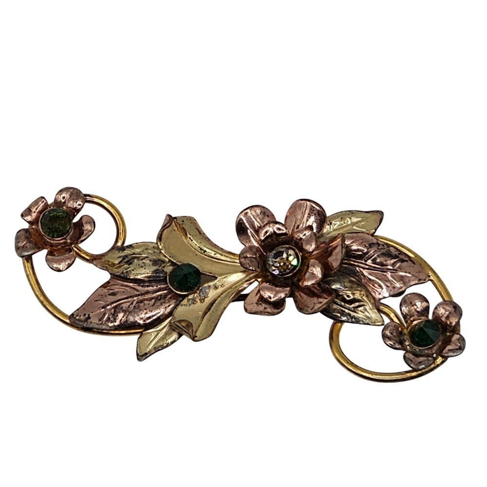Barclay Floral Brooch 2.5" Tricolor Pin 1/20 12k‎ Gold Filled Rhinestone Vintage